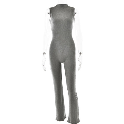 Mono de mujer con cuello redondo, sin mangas, color liso, pantalones acampanados, mallas, sexy, deportivo