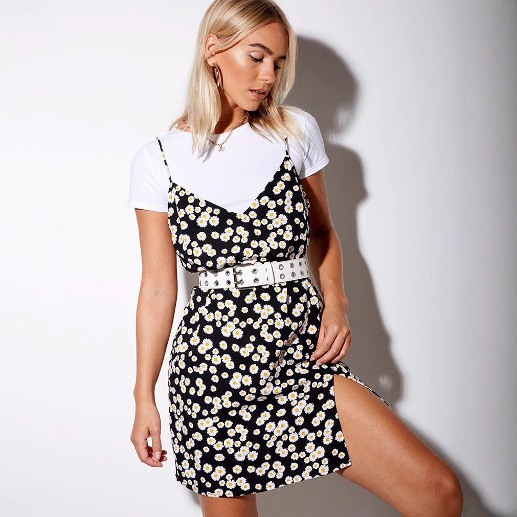 Vestido de mujer con cuello en V, estampado, para exteriores, con tirantes, camisola