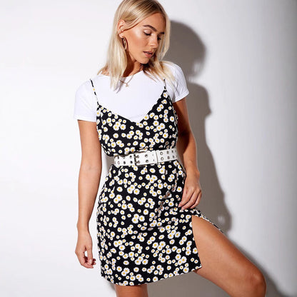 Vestido de mujer con cuello en V, estampado, para exteriores, con tirantes, camisola