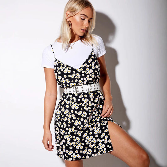 Vestido de mujer con cuello en V, estampado, para exteriores, con tirantes, camisola