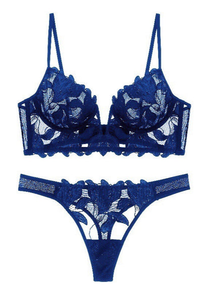 Azure Bloom - Embroidered Mesh Lingerie Set