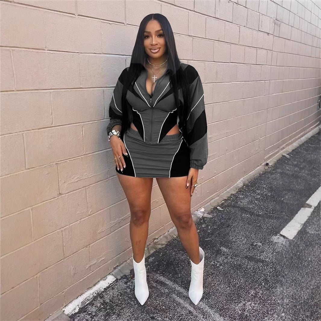 Conjunto deportivo sexy de otoño para mujer, holgado, informal, con contraste de color, de manga larga y abrigo con falda