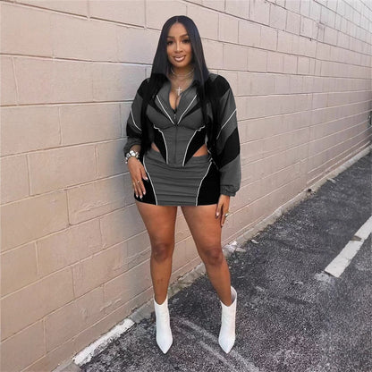 Conjunto deportivo sexy de otoño para mujer, holgado, informal, con contraste de color, de manga larga y abrigo con falda