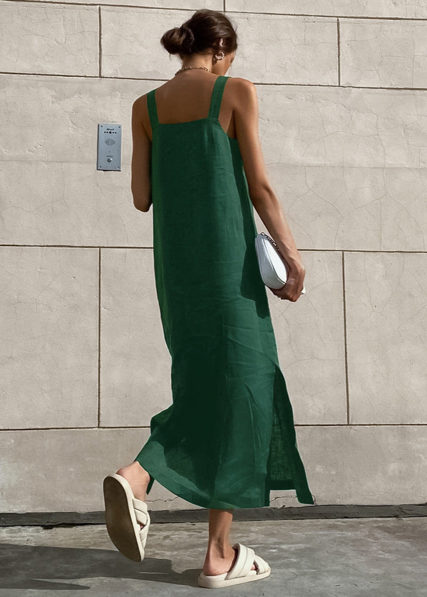 Capri Linen Dress – Open Back Maxi in Forest Green