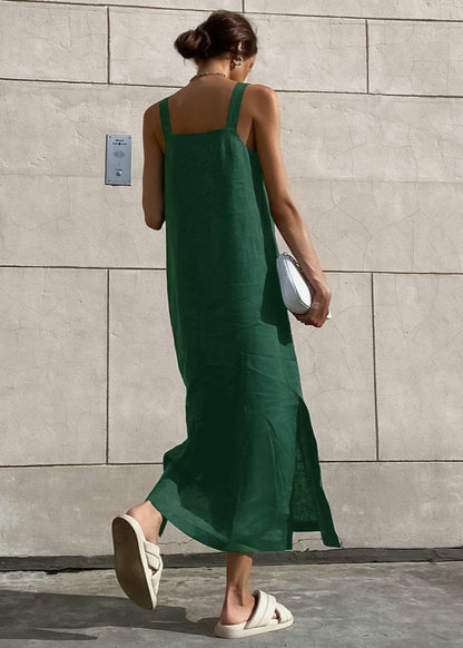 Capri Linen Dress – Open Back Maxi in Forest Green