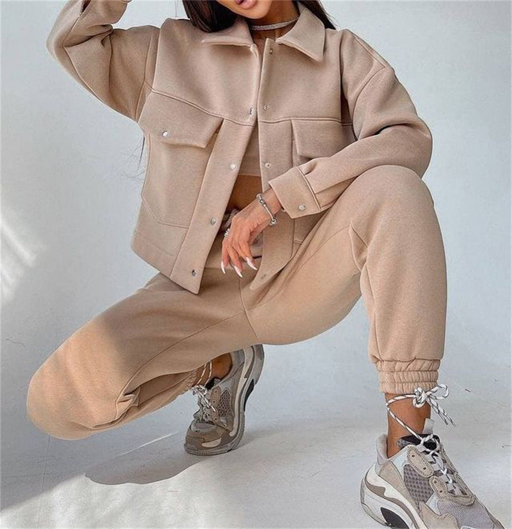 Conjunto de dos piezas formado por chaqueta y pantalón informal, para mujer, otoño e invierno, color liso, manga larga, abrigo y sudadera