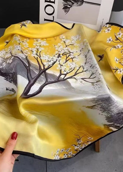 Aurielle Scenic Floral Silk Scarf – Yellow Square 70×70cm
