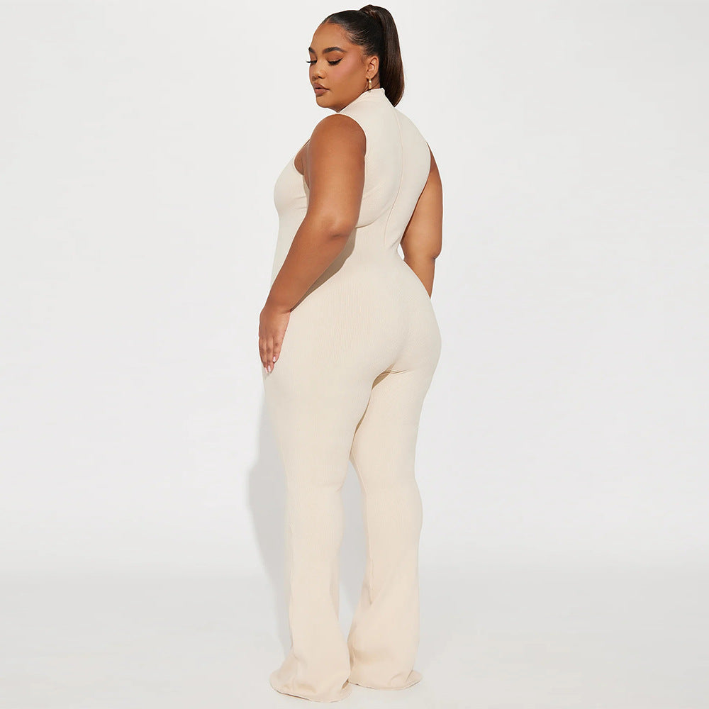 Mono de mujer con cuello redondo, sin mangas, color liso, pantalones acampanados, mallas, sexy, deportivo