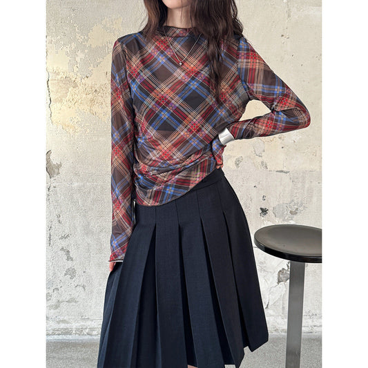 Plaid Mesh T shirt Women Spring Sexy Pleated Waist Tight Slimming Bottoming Top