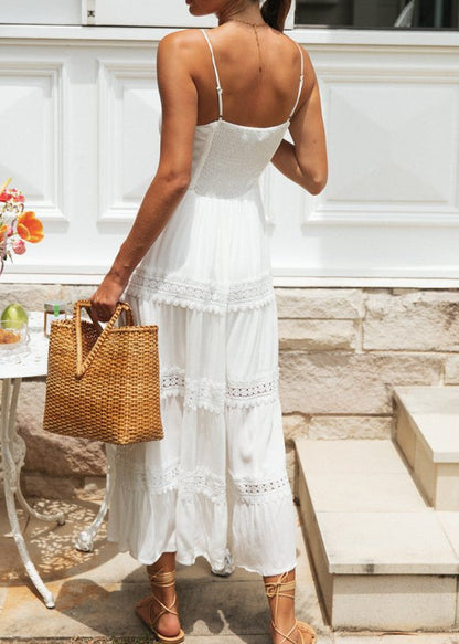 Aurelia Lace-Trim Maxi Dress – White Smocked Sundress with Adjustable Straps