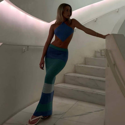 Delantal de punto con cuello halter y tirantes para playa, top corto sin espalda con cordones, vestido de media longitud para mujer