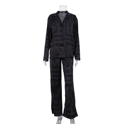 Autumn Letter Graphic Print Satin Long Sleeve Collared Shirt Elastic Trousers Casual Suit Women Clothing