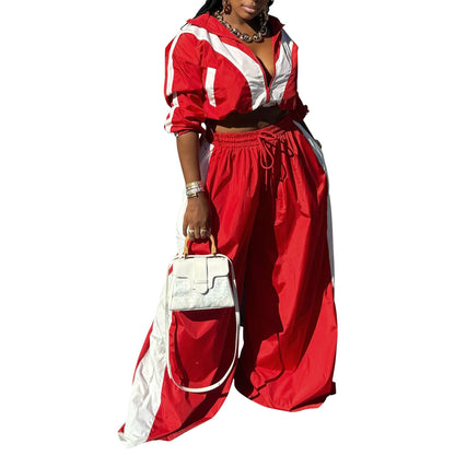 Women Clothing Sportswear Suit Woven Baggy Coat Two Piece Set Stitching Spring Autumn