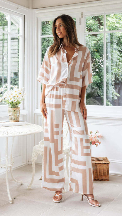 Women Clothing Printing Collared Short Sleeved Shirt Wide Leg Trousers Set