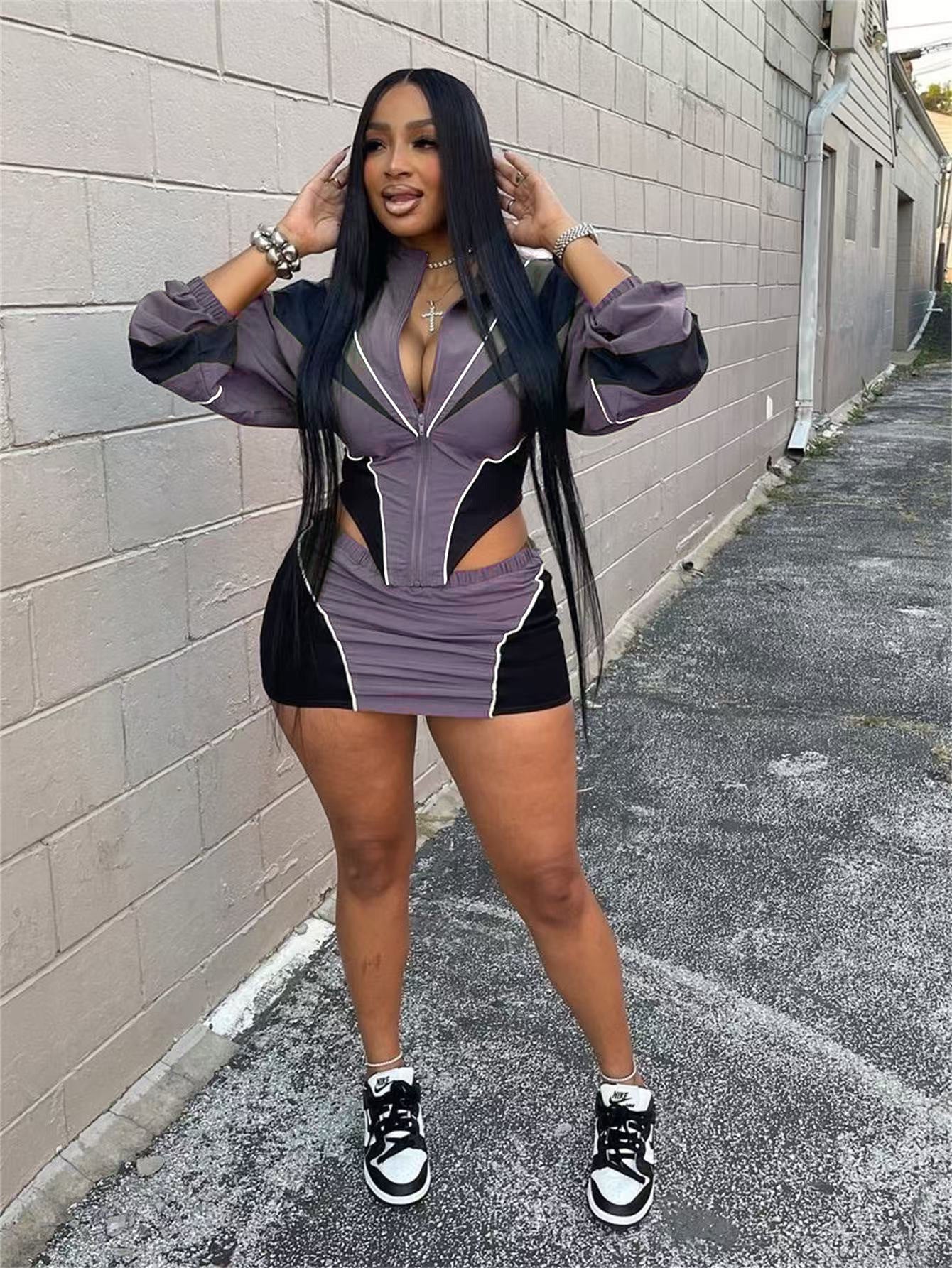 Conjunto deportivo sexy de otoño para mujer, holgado, informal, con contraste de color, de manga larga y abrigo con falda