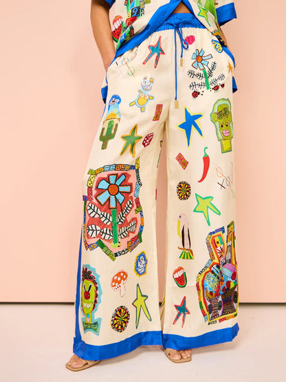 Graffiti Printing Satin Short Sleeve Collared Shirt Trousers Casual Two Piece Suit Amplified craft