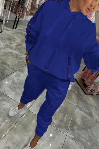 Sudadera deportiva informal con capucha y bolsillo de lentejuelas