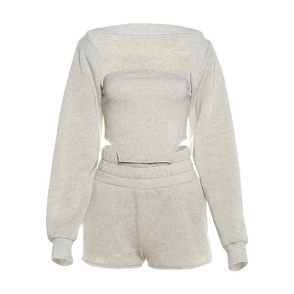 Conjunto de tres piezas formado por top y chaleco de tubo, cárdigan, pantalones cortos informales, color liso, para otoño e invierno