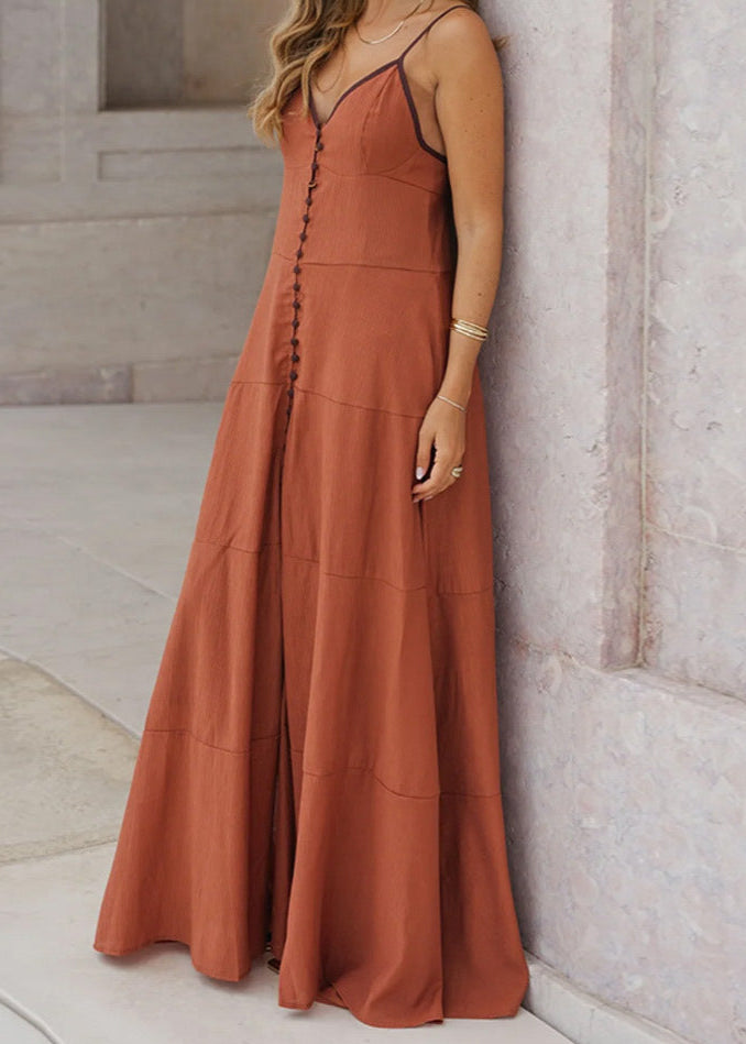 Sienna Vista - Button-Front Maxi Dress with Adjustable Straps
