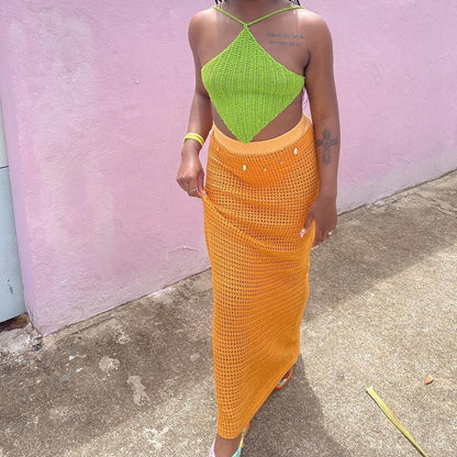 Delantal de punto con cuello halter y tirantes para playa, top corto sin espalda con cordones, vestido de media longitud para mujer