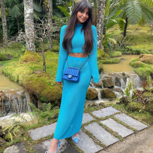 Conjunto de blusa bohemia informal de punto con aberturas para playa de verano, top corto largo hasta la mitad