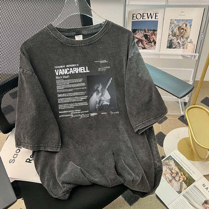 High Street Retro Washed Worn Printed Short Sleeved T shirt Hip Hop Casual Mid Length Coat Trendy