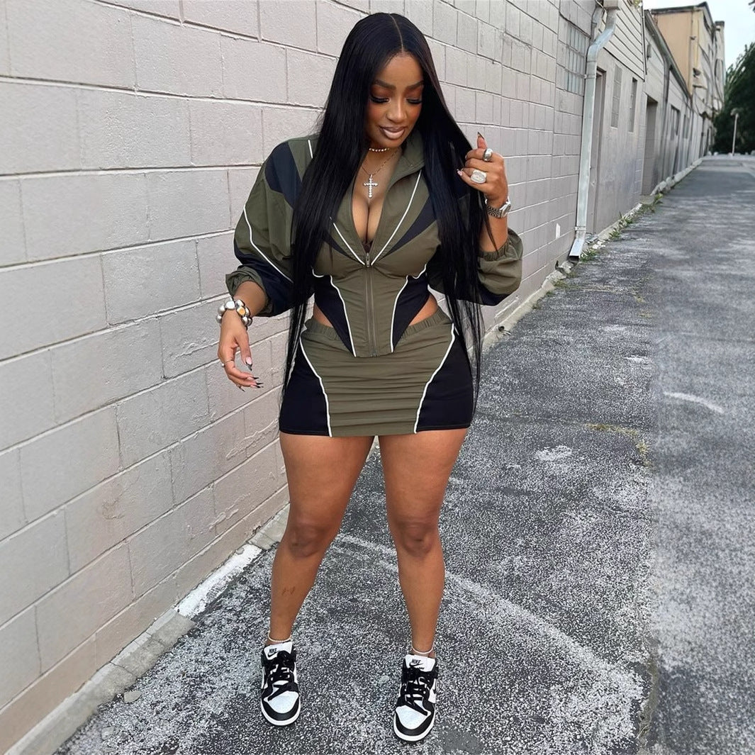 Conjunto deportivo sexy de otoño para mujer, holgado, informal, con contraste de color, de manga larga y abrigo con falda