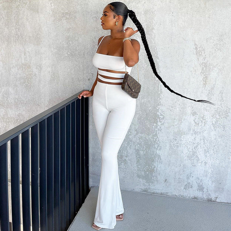 Ropa de otoño e invierno para mujer, chaleco con tirantes y pantalones de color liso con recortes, traje informal ajustado.