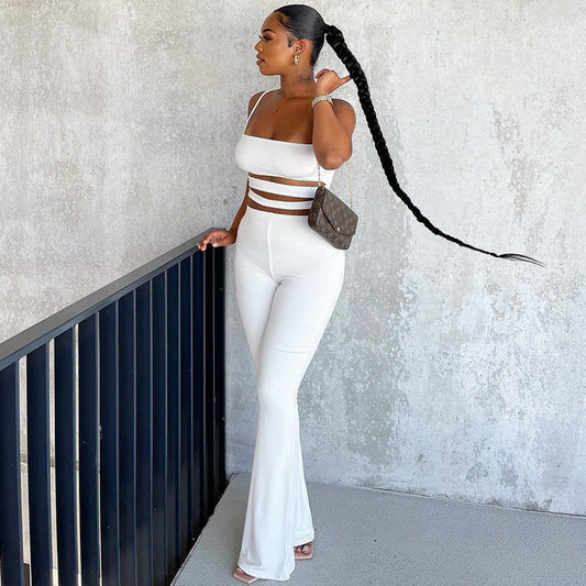 Ropa de otoño e invierno para mujer, chaleco con tirantes y pantalones de color liso con recortes, traje informal ajustado.