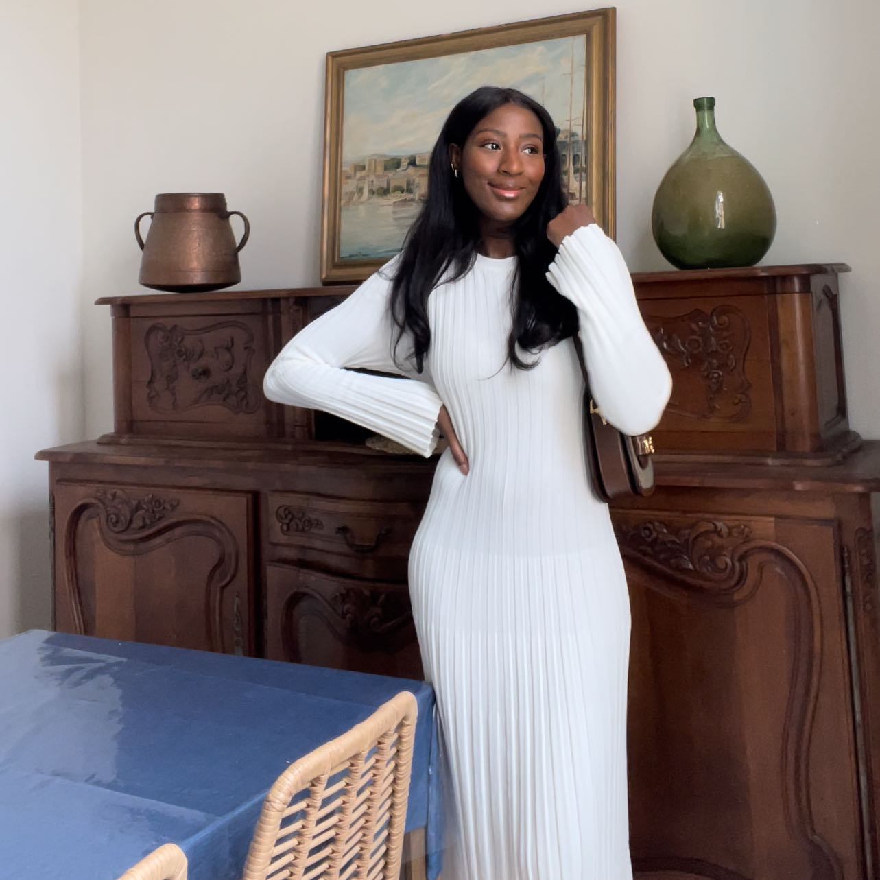 Vestido de punto para otoño e invierno, informal, ajustado, con cuello redondo, a rayas y cintura alta, maxivestido de punto para mujer