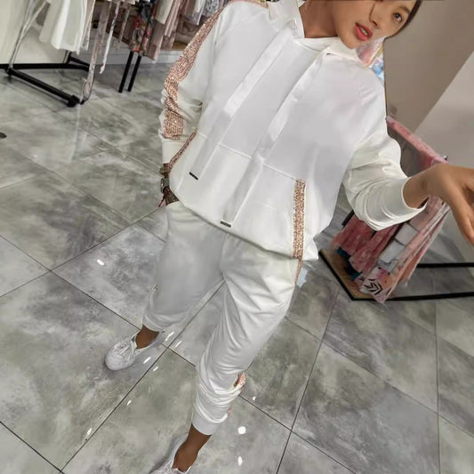 Casual Sequin Pocket Sports Hooded Sweatshirt Sweatpants Suit