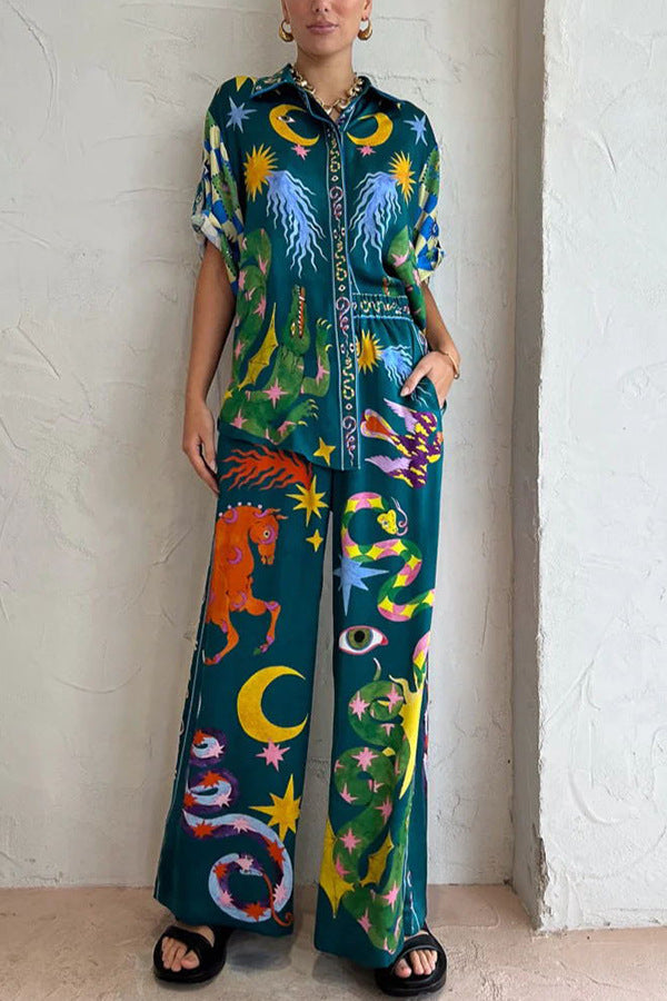 Summer Street Hipster Printed Shirt Trousers Two Piece Set Amplified craft