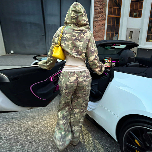 Casual Contrast Color Cinched Hoodie Long Sleeve Sweatshirt Sweatpants Two Piece Camouflage Cardigan Coat Trousers Sets