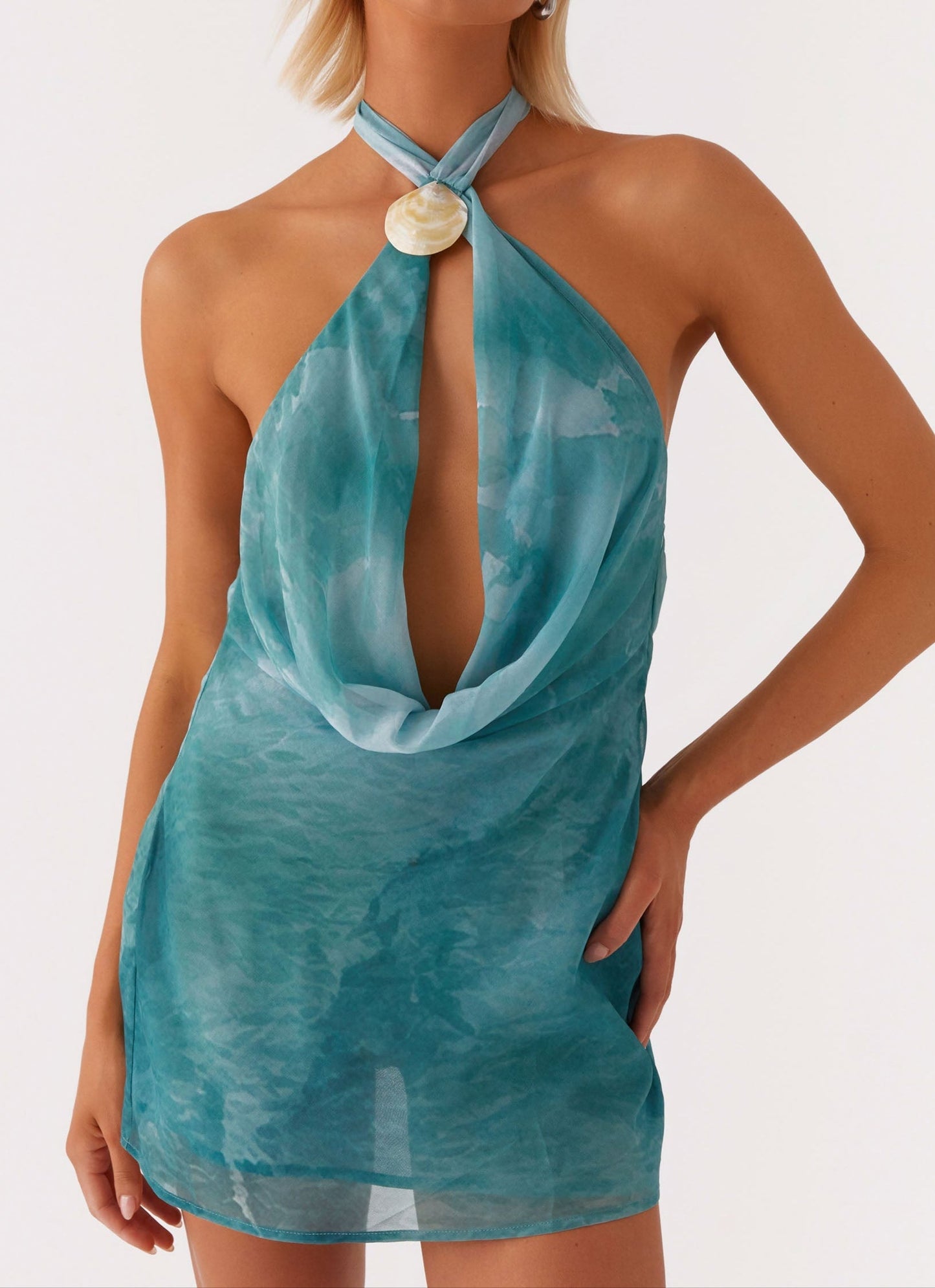 Ana Sofía Deep Cowl Mini Dress - Green Tie Dye