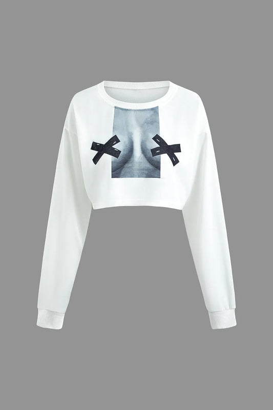 Pelze Round Neck Printed Long Sleeve Crop Top
