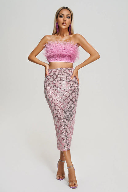 Philippa Pink Strapless Feather Top and Sequin Silt Skirt