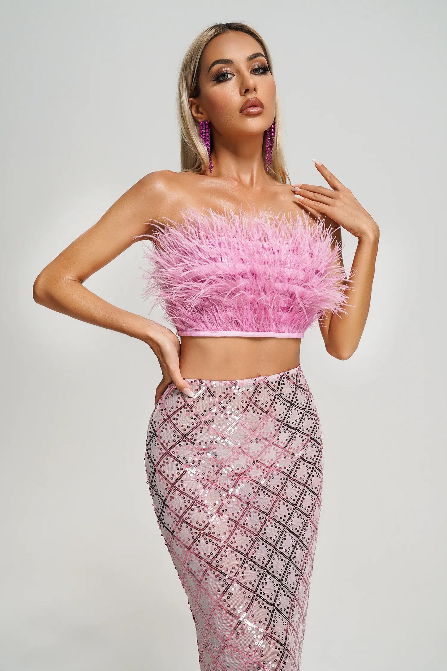 Philippa Pink Strapless Feather Top and Sequin Silt Skirt