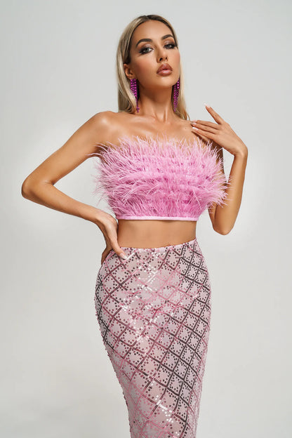 Philippa Pink Strapless Feather Top and Sequin Silt Skirt