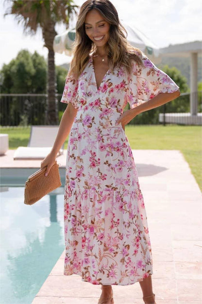 Vestido midi de manga corta con escote en V y estampado floral 