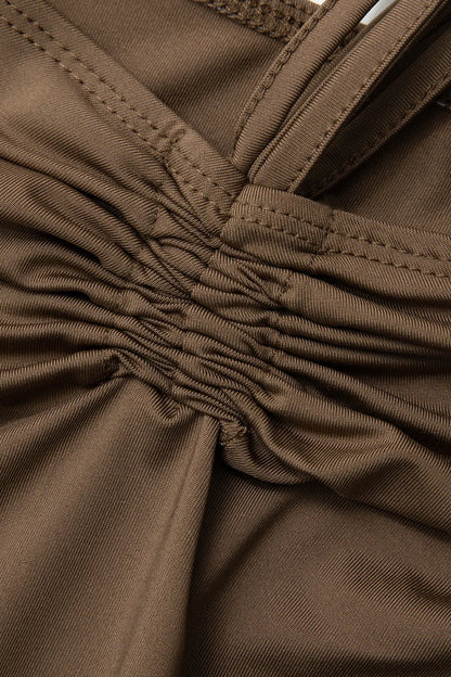 Reagan Brown V-neck Twist Long Sleeve Top and Ruched Maxi Skirt Set