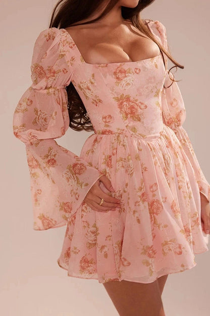 Printed Backless Mini Dress with Square Collar