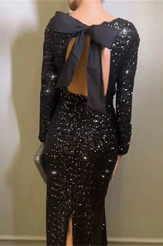 Sequin Tee Bow Backless Maxi Dress