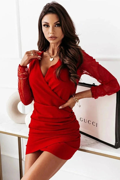 Lace Long Sleeve Bodycon Mini Dress with Deep V-Neck