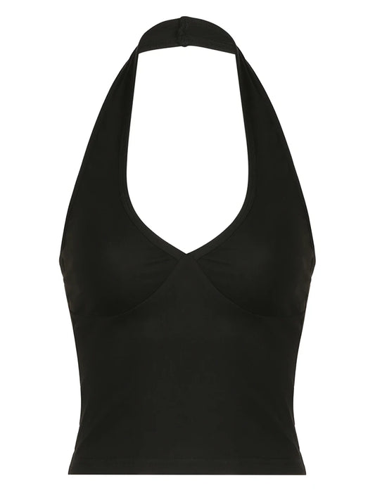 Tops halter sexys sin espalda para mujer, camiseta sin mangas ajustada con cuello en V básica lisa negra, top corto elegante, camisetas de calle de verano