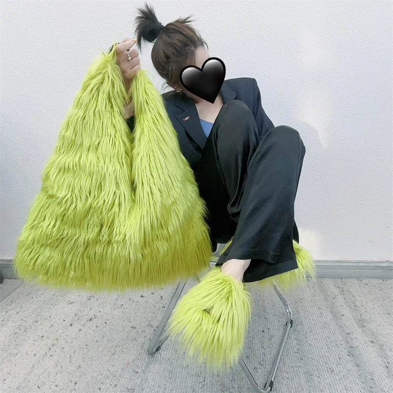 Bolso de hombro peludo y esponjoso estilo callejero Y2K de los años 00 para mujer, bolso grande de piel sintética a la moda, estilo Harajuku
