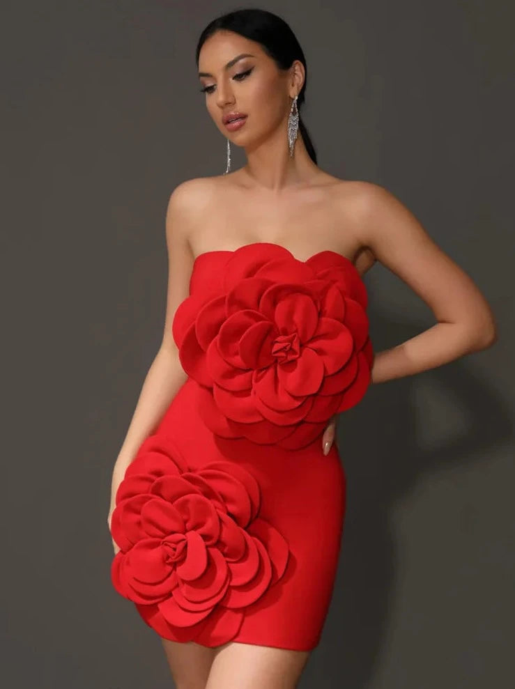 Orenda Strapless Dress with Red Flower Applique