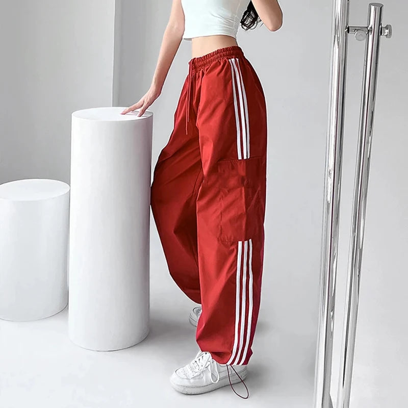 Pantalones deportivos a rayas para mujer, estilo hip hop, holgados, de pierna ancha, cargo, cintura alta, con cordón, Y2K