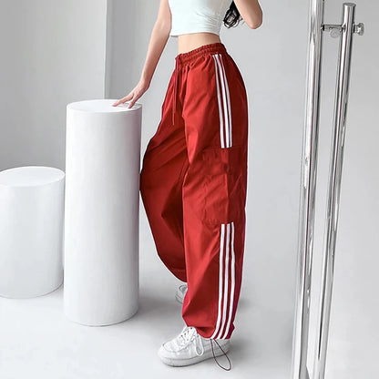 Pantalones deportivos a rayas para mujer, estilo hip hop, holgados, de pierna ancha, cargo, cintura alta, con cordón, Y2K