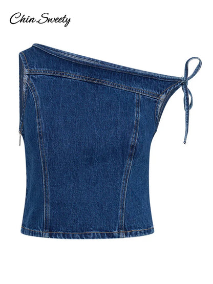 Conjuntos de falda y top de mezclilla con hombros descubiertos Y2K para mujer, chaleco corto sin mangas con cuello oblicuo ajustado, faldas ajustadas 2025, traje de calle de 2 piezas para mujer