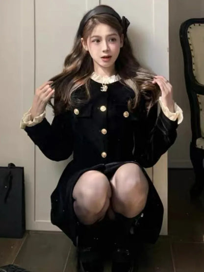 Vestidos de terciopelo negro de otoño para mujer, vestido de fiesta de noche de una sola botonadura de manga larga, moda coreana, vestido de línea A para mujer, nuevo